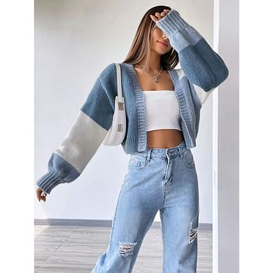 Women's Cropped Cardigan Sweater Top Open Front Long Sleeve Color Block Knit Outerwear