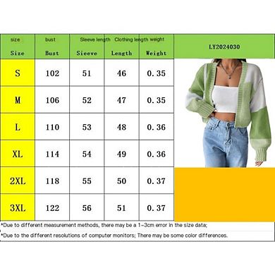 Women's Cropped Cardigan Sweater Top Open Front Long Sleeve Color Block Knit Outerwear