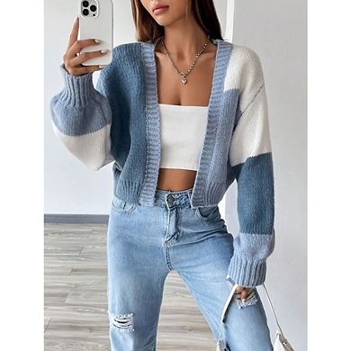 Women's Cropped Cardigan Sweater Top Open Front Long Sleeve Color Block Knit Outerwear