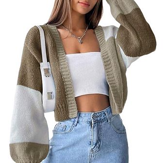 Women's Cropped Cardigan Sweater Top Open Front Long Sleeve Color Block Knit Outerwear