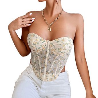 Women's Floral Strapless Corset Top Vintage Lace Up Bustier Going Out Top