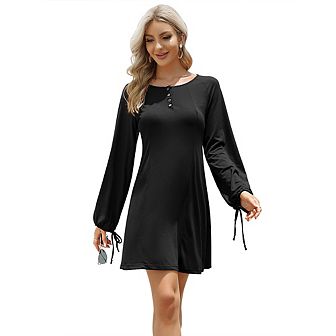 Women's Drawstring Long Sleeve Henley Neck Dress
