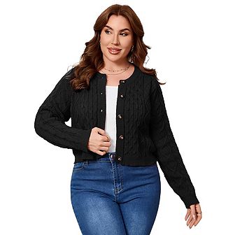 Plus Size Women Cable Knit Sweater Cropped Crew Neck Button Down Cardigans