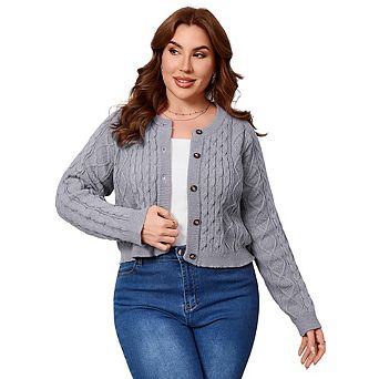 Plus Size Women Cable Knit Sweater Cropped Crew Neck Button Down Cardigans