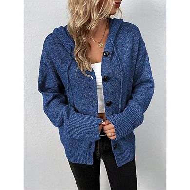 Women Casual Chunky Knit Cardigan Sweater V Neck Button Down Hooded Sweaters Hoodies Outfits