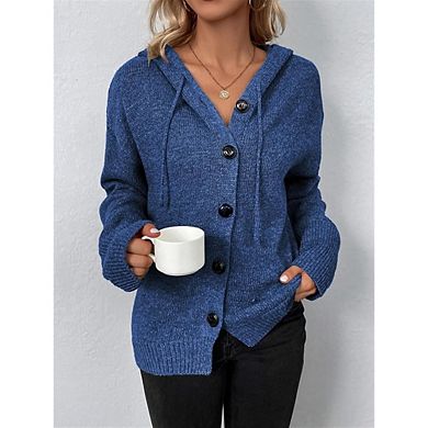 Women Casual Chunky Knit Cardigan Sweater V Neck Button Down Hooded Sweaters Hoodies Outfits
