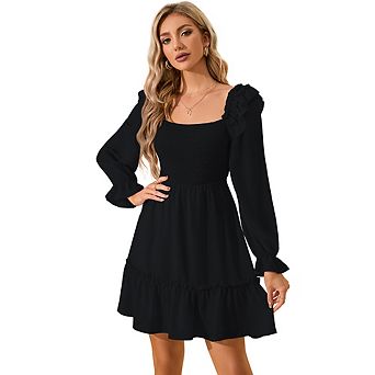 Women's Smocked Ruffle Mini Dress Square Neck Long Sleeve Cute Dress
