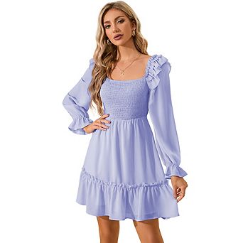 Women's Smocked Ruffle Mini Dress Square Neck Long Sleeve Cute Dress