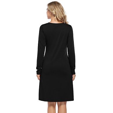 Women Long Sleeve Shift Dresses Casual V Neck Fall Dresses with Pockets