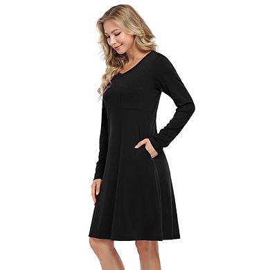 Women Long Sleeve Shift Dresses Casual V Neck Fall Dresses with Pockets
