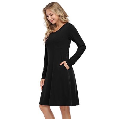 Women Long Sleeve Shift Dresses Casual V Neck Fall Dresses with Pockets