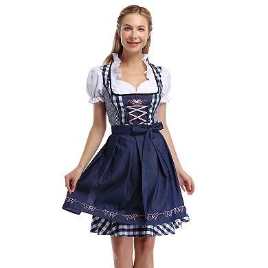 Women's Oktoberfest Gingham 3-Piece Dirndl Set with Short Sleeve Blouse and Apron