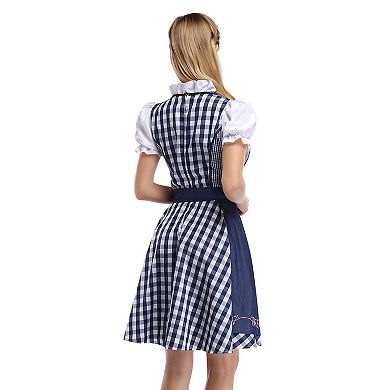 Women's Oktoberfest Gingham 3-Piece Dirndl Set with Short Sleeve Blouse and Apron