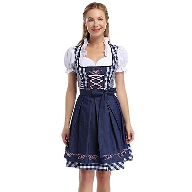 Women's Oktoberfest Gingham 3-Piece Dirndl Set with Short Sleeve Blouse and Apron