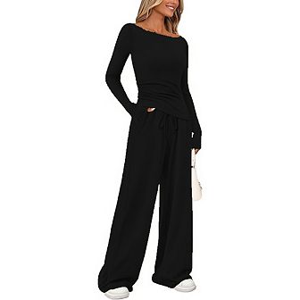 Women's 2 pc Lounge Sets Asymmetrical Long Sleeve T Shirt Wide Leg Pants Casual Outfits Tracksuit