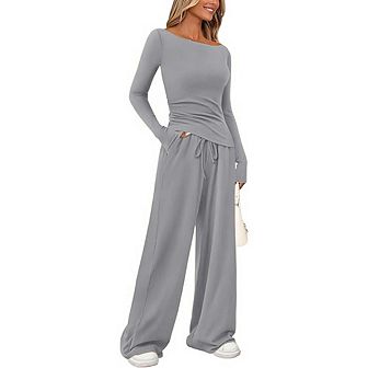 Women's 2 pc Lounge Sets Asymmetrical Long Sleeve T Shirt Wide Leg Pants Casual Outfits Tracksuit