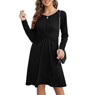 Women's Cross Twisted Dress Casual Long Sleeve Crew Neck Shift Dresses