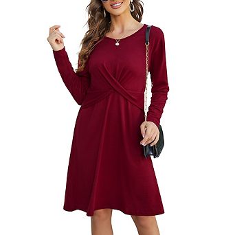 Women's Cross Twisted Dress Casual Long Sleeve Crew Neck Shift Dresses