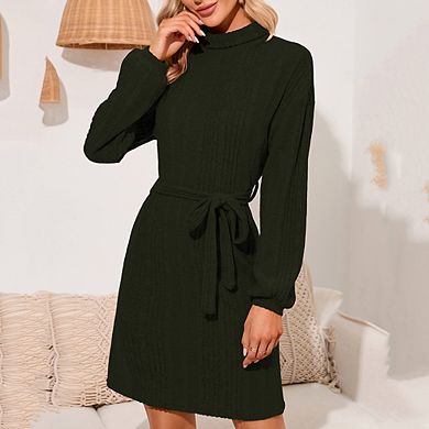 Women Long Sleeve Midi Sweater Dress Mock Neck Ribbed Knit Tie Waist Long Dresses