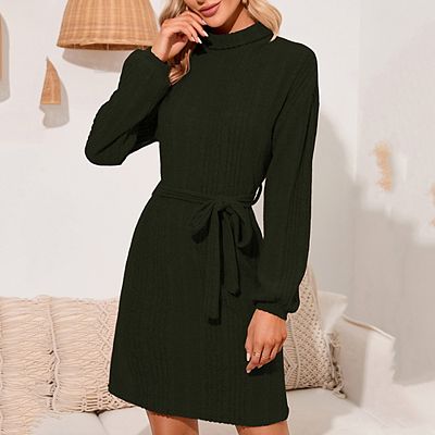 tie waist long sleeve knit midi dress Green Knit Long Sleeve Round Neck Tie Waist Midi Dress