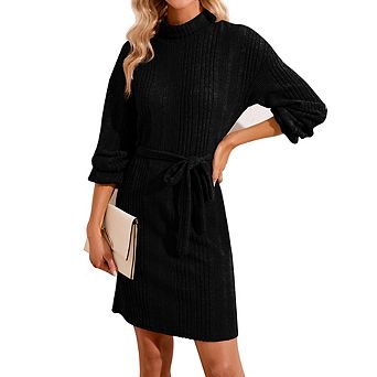 Women Long Sleeve Midi Sweater Dress Mock Neck Ribbed Knit Tie Waist Long Dresses