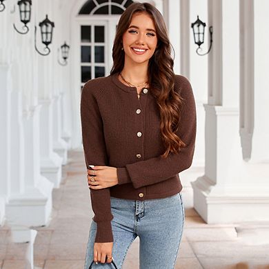 Women Cropped Sweater Long Sleeve Crew Neck Button Down Knit Cardigans