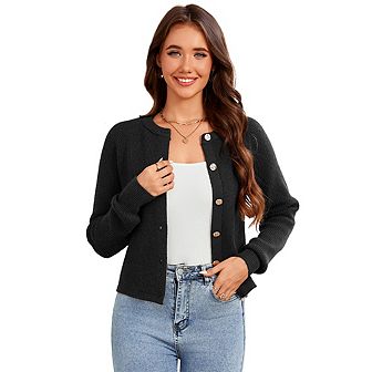 Women Cropped Sweater Long Sleeve Crew Neck Button Down Knit Cardigans