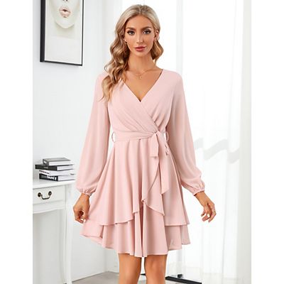 Women's Dress V-Neck Long Sleeve Waist Tie Elegant Ruffle Mini Swing Skater  Dresses