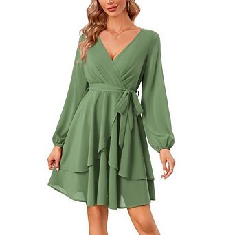 Women's Dress V-Neck Long Sleeve Waist Tie Elegant Ruffle Mini Swing Skater Dresses