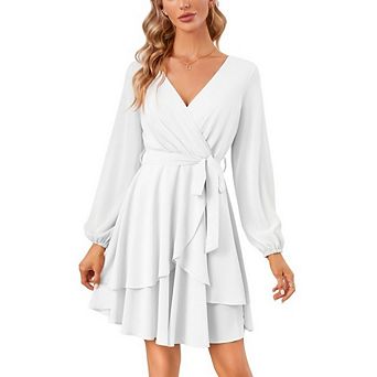 Women's Dress V-Neck Long Sleeve Waist Tie Elegant Ruffle Mini Swing Skater Dresses