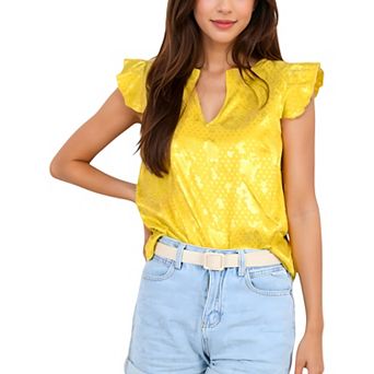 Women's Floral Jacquard Blouse with Ruffle Sleeves and V-Neckline for Everyday Looks