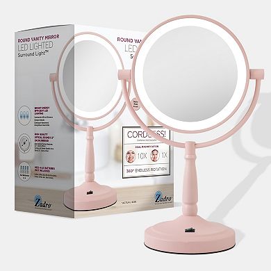 Cordless LED Lighted Countertop Mirror for Women with Magnifications 10X/1X