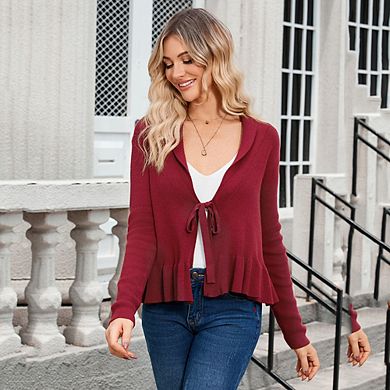 Women Ruffle Tie Front Cardigan Sweater Long Sleeve Coat