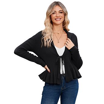 Women Ruffle Tie Front Cardigan Sweater Long Sleeve Coat