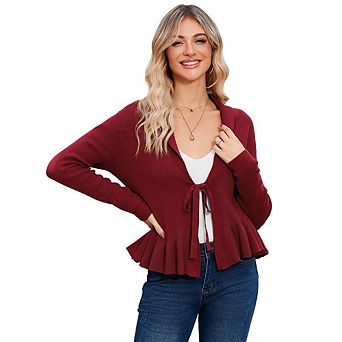 Women Ruffle Tie Front Cardigan Sweater Long Sleeve Coat