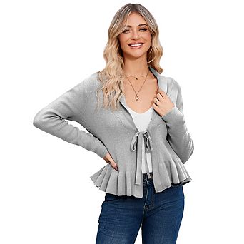 Women Ruffle Tie Front Cardigan Sweater Long Sleeve Coat