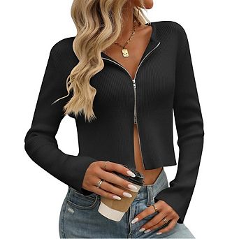 Women Zip Up Cropped Cardigan Sweater Long Sleeve Solid Color Slim Fit Ribbed Knit Tops Fall Clothes