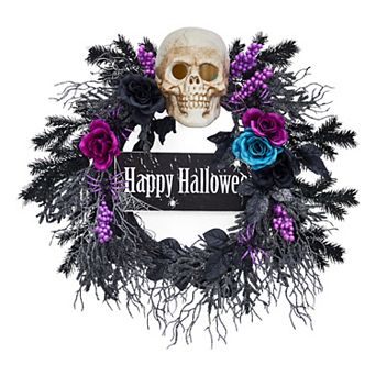 22" Halloween Wreath for Front Door, with Lights, Black, Blue, Purple Flowers
