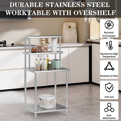 Stainless Steel Work Table with Overshelves & Undershelf, 30 x 24 Inch