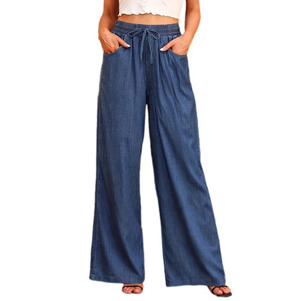 Women's Drawstring Wide Leg Jeans High Waisted Loose Fit Denim Pants