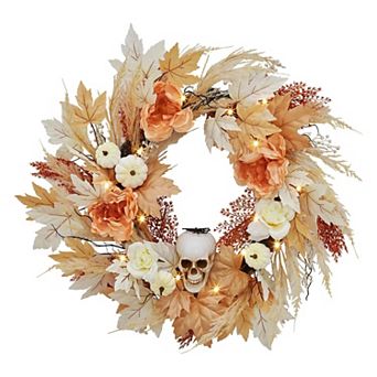 22Inch Halloween Wreath with White Pumpkins Rose Maple Leaves