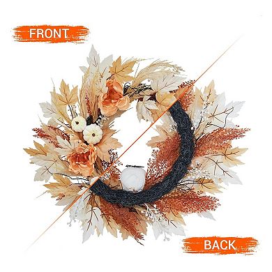 22Inch Halloween Wreath with White Pumpkins Rose Maple Leaves