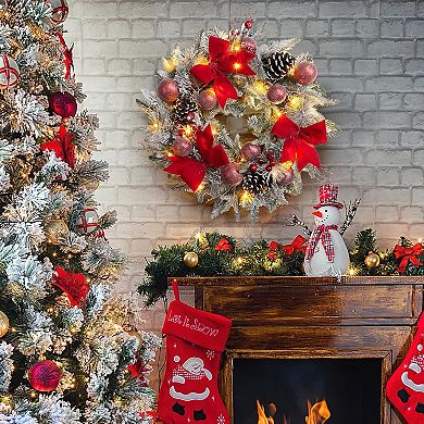 24 Inch Lighted Christmas Wreaths, with 3 Red Bow, 30 LED Lights