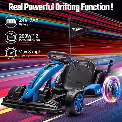 Ride On Go Kart for Kids, 24V 7Ah Battery Two 200W Motors, 8MPH Fast Drifting Circling Car