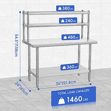 36 x 24 Inches Stainless Steel Work Table with Overshelves