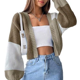 Women's Cropped Cardigan Sweater Top Open Front Long Sleeve Color Block Knit Outerwear