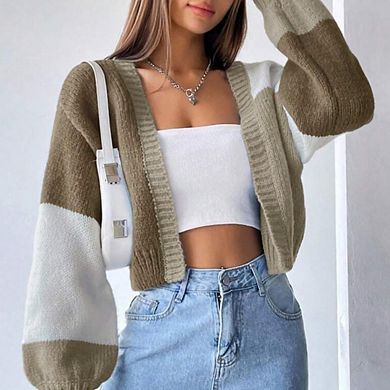 Women's Cropped Cardigan Sweater Top Open Front Long Sleeve Color Block Knit Outerwear