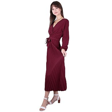 Women's Long Sleeve V-Neck Maxi Dress with Pleated Skirt and Waist Tie