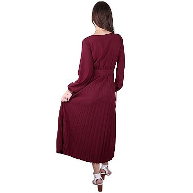 Women's Long Sleeve V-Neck Maxi Dress with Pleated Skirt and Waist Tie
