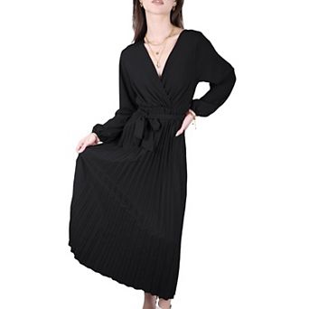 Women's Long Sleeve V-Neck Maxi Dress with Pleated Skirt and Waist Tie